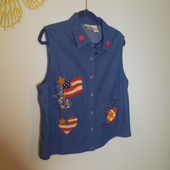 Take Two Tops - VINTAGE Embroidered and Patchwork Denim Sleeveless Button-Up Vest, Grandmacore